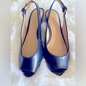 Talbots Size 6M Peep Toe Slingback Navy Blue Kitten Heel Wedge